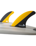 The FCS FCS II Mick Fanning PC Tri Surfboard Fins in Black & Mango