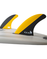 The FCS FCS II Mick Fanning PC Tri Surfboard Fins in Black & Mango