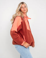 The Free People Womens Lead The Pack Fleece Jacket in Neon Coral Combo