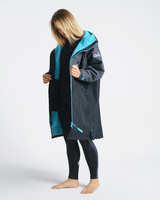 The Robie Dry Series Recycled Long Sleeve Changing Robe in Black, Charcoal & Blue Atoll