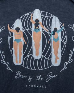 The Born by the Sea Womens Surf Babes Hoodie in Dyed Aged India Ink Grey