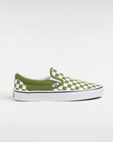 The Vans Mens Classic Slip On Shoes in Color Theory Checkerboard Pesto