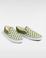 The Vans Mens Classic Slip On Shoes in Color Theory Checkerboard Pesto