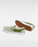 The Vans Mens Classic Slip On Shoes in Color Theory Checkerboard Pesto