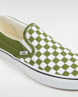 The Vans Mens Classic Slip On Shoes in Color Theory Checkerboard Pesto