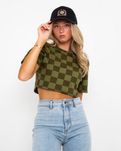 The Vans Womens Checker Crop II T-Shirt in Olivine