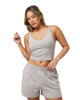 The Vuori Womens Halo Performance Crop Top in Soft Pewter Heather