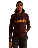 The Superdry Womens Core Logo Flock Hoodie in Rich Deep Burgundy