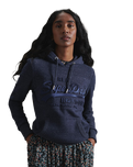 The Superdry Womens Vintage Logo Tonal Embossed Satin Hoodie in Rich Navy Snowy