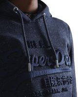 The Superdry Womens Vintage Logo Tonal Embossed Satin Hoodie in Rich Navy Snowy