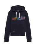 The Superdry Womens Rainbow Logo Graphic Hoodie in Darkest Navy