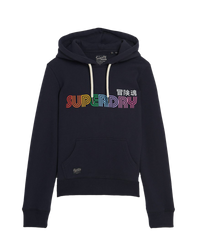 The Superdry Womens Rainbow Logo Graphic Hoodie in Darkest Navy