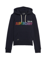 The Superdry Womens Rainbow Logo Graphic Hoodie in Darkest Navy