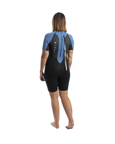 The Alder Womens Impact 3/2mm Shorty Wetsuit in Black, Faience Blue, Ethereal Blue & Glacier Blue