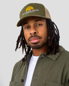 The Salt Water Seeker Mens Vibes Trucker in Khaki Moss