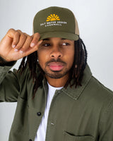 The Salt Water Seeker Mens Vibes Trucker in Khaki Moss